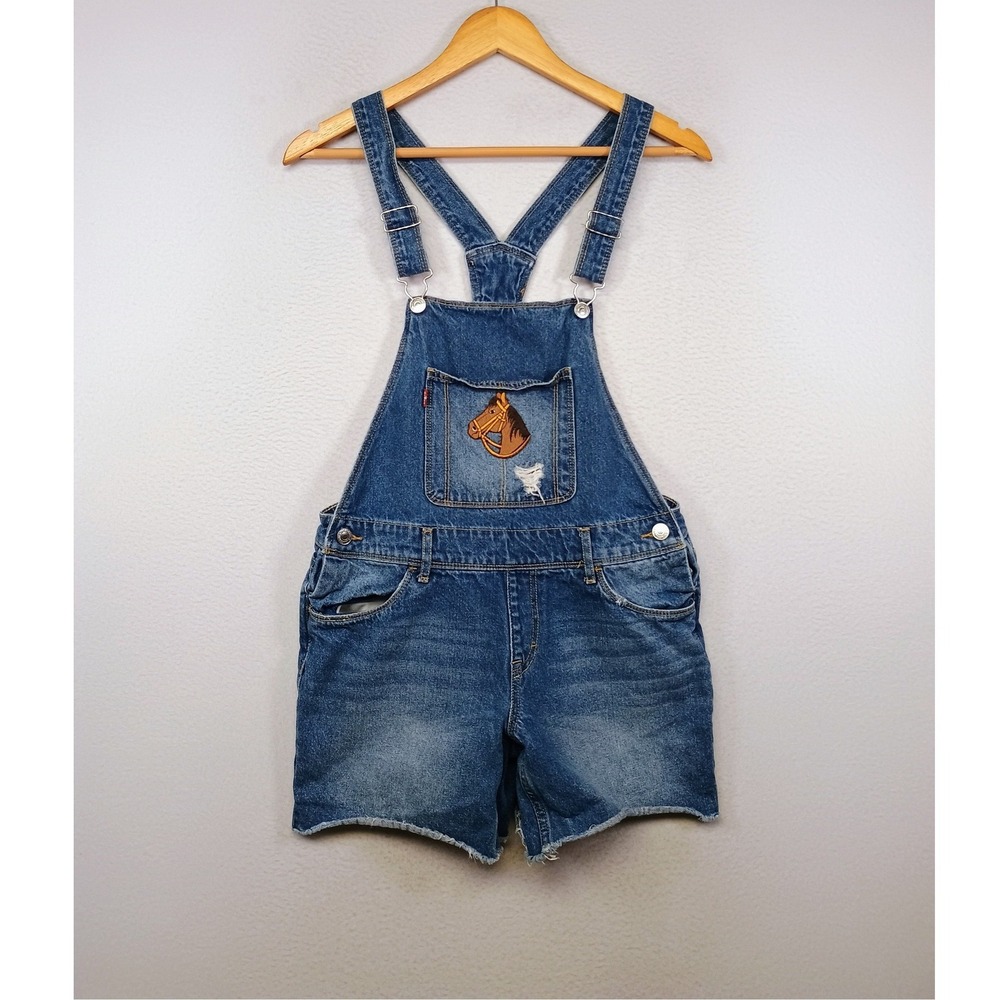 Western Cowgirl Levi's Girls L Blue Horse Patch Distressed Denim Shortalls 8056